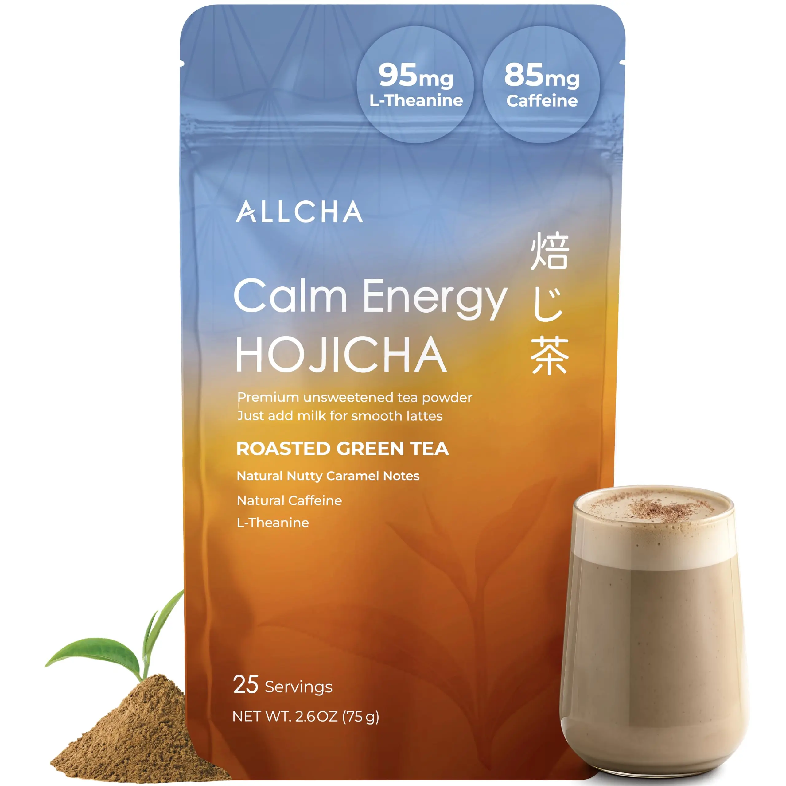 ALLCHA Calm Energy Hojicha Latte with Caffeine + L-Theanine, 25 Servings, nutty & caramel notes