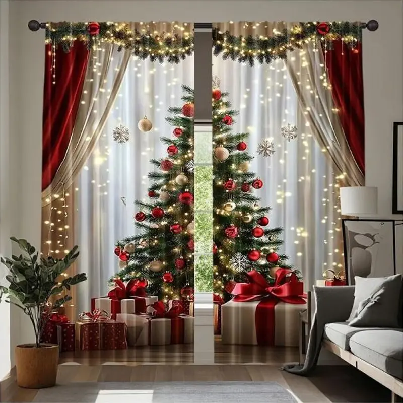 2-Piece, Universal Fit, Christmas curtains, Curtain For Windows, Window Drapes, Holiday red and gold snowflake pattern, translucent rod pocket curtains, suitable for home decoration, Christmas theme, Window Decorations Supplies