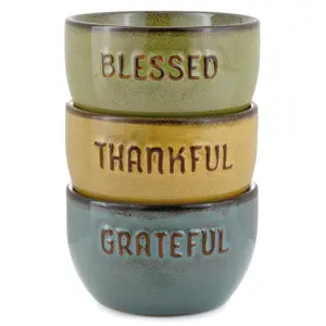 Grateful Thankful Blessed Glazed Ceramic Bowls, Set of 3