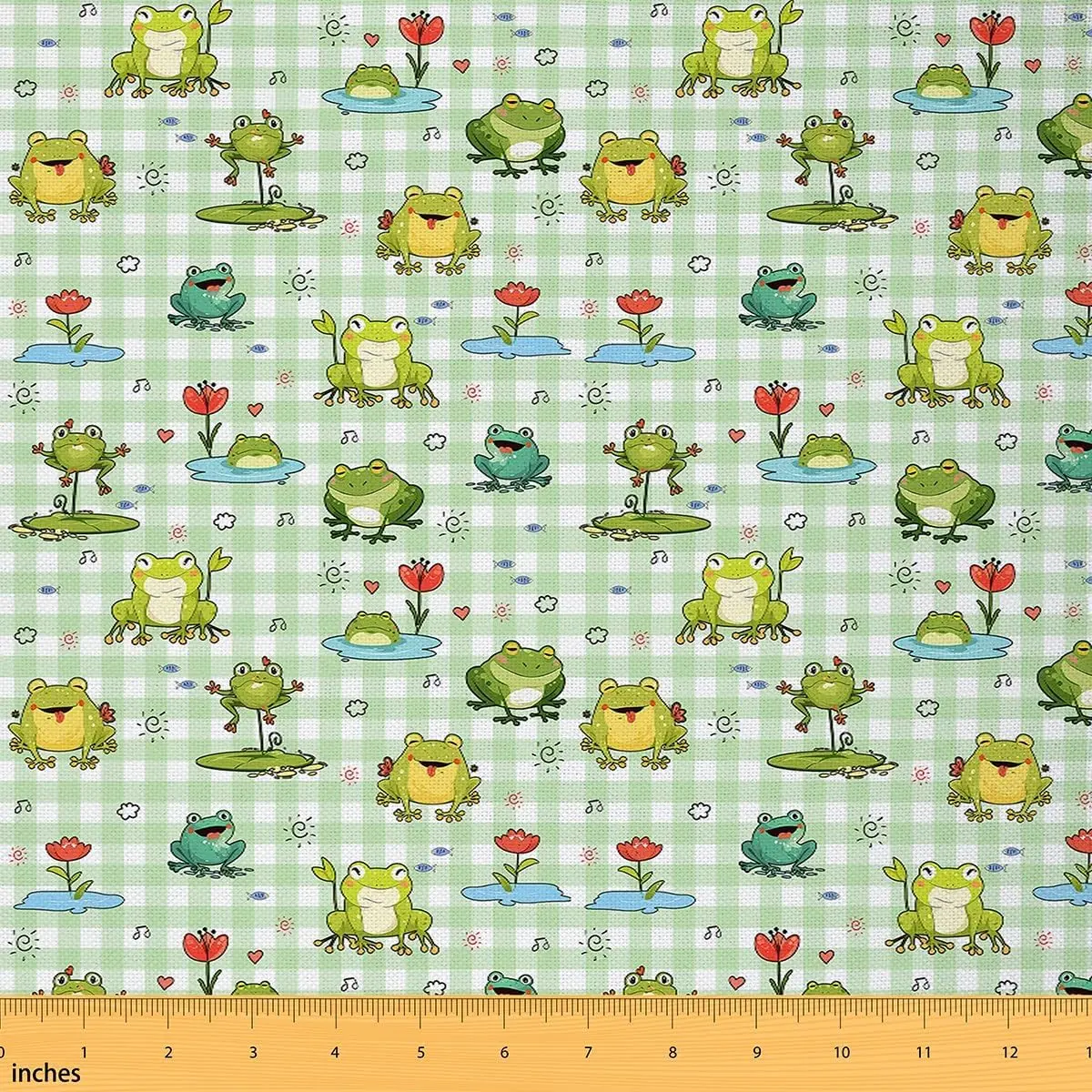 Frog Fabric by The Yard,3 Yards,Cute Cartoon Frog Decorative Waterproof Fabric,Green White Stripe Upholstery Fabric,Nature Fabric for DIY Projects, Cute Cartoon Frogs