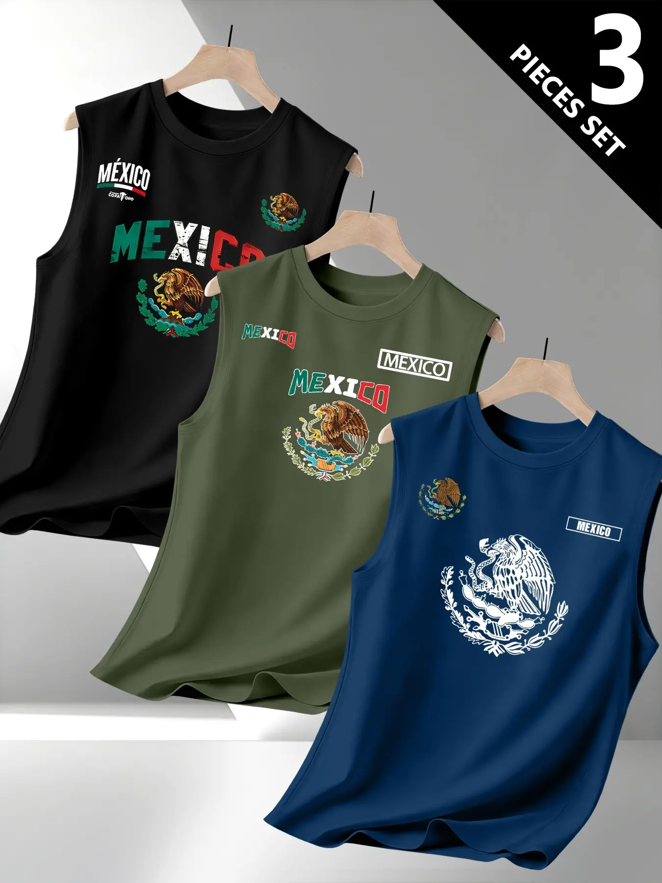 Men's Versatile Knit Sleeveless T-Shirt Set, 3-Piece Daily Wear, Mexican Theme Tropical Cultural Flag Graphic Print Round Neck Vest Tops, Casual Streetwear Comfort Fit
