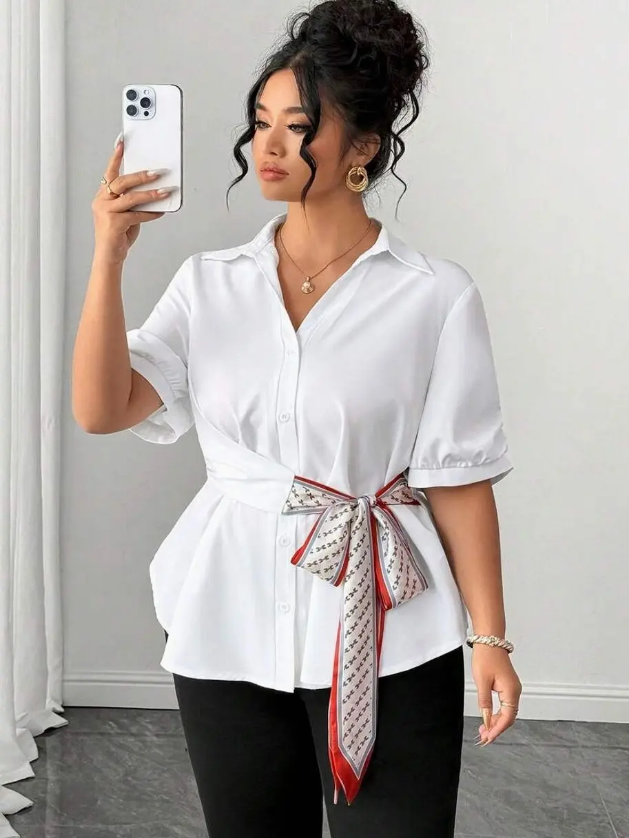 Plus Size Women's Elegant Belted Shirt Blouse with Scarf Detail, Office, Graduation, Mother's Day and Special Occasion Wear