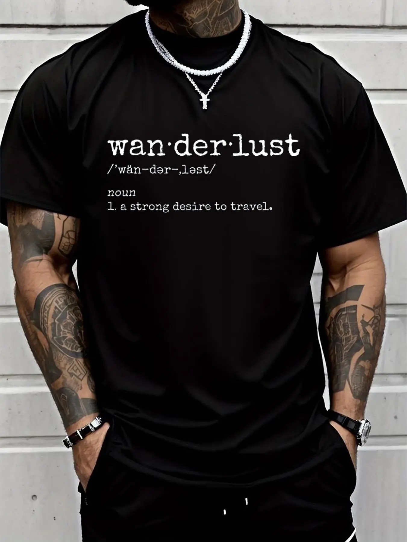 100% cotton Definition of Wanderlust Gift for Travelers Men Women Men Travel T-Shirt Printed T-shirt, Short-sleeved Crew Neck Casual Top, Suitable For All Seasons, Men's Wear