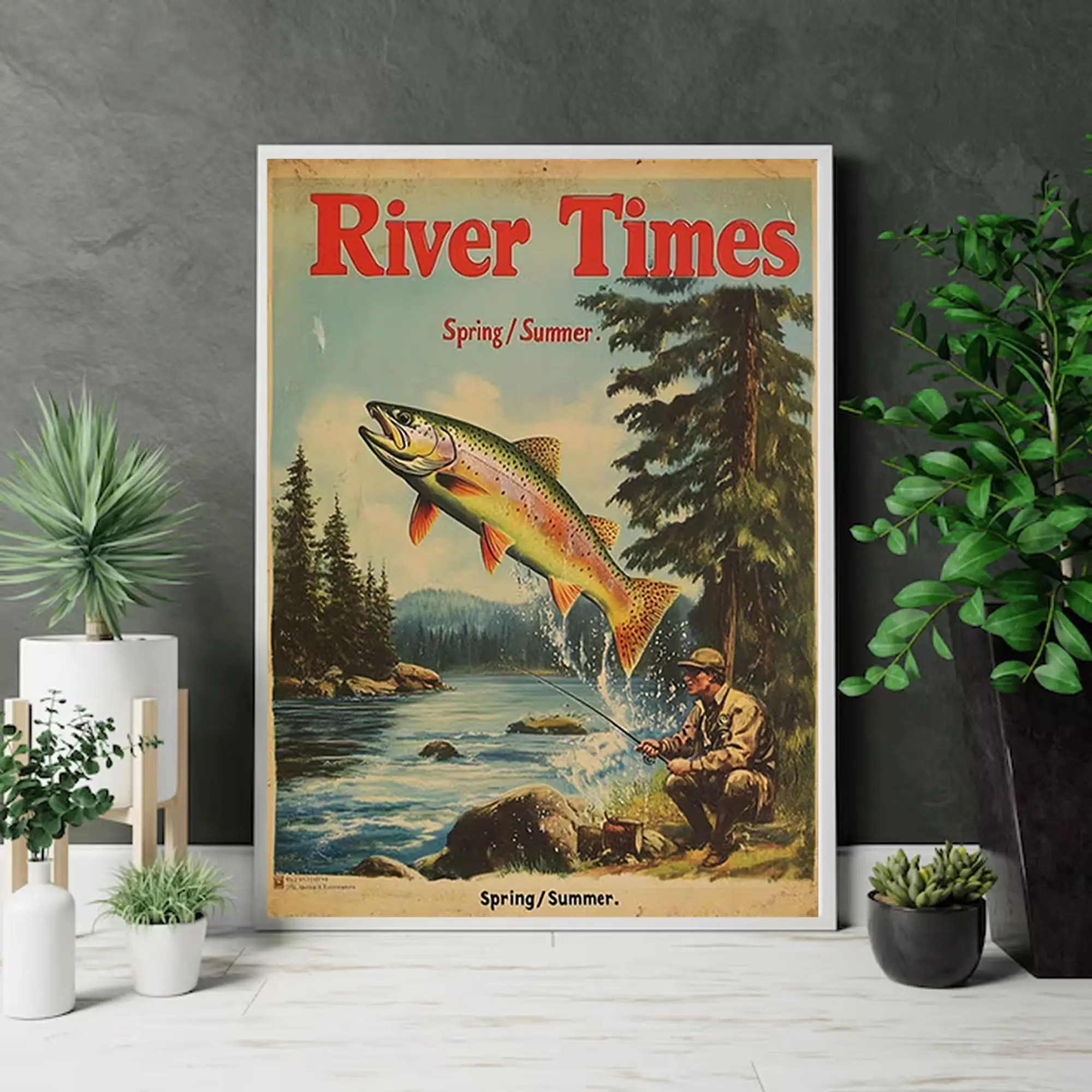 NO FRAME - Vintage River Times Fishing Magazine Poster, Retro Jumping Trout & Angler Wall Art, Rustic Lake House & Cabin Wall Decor