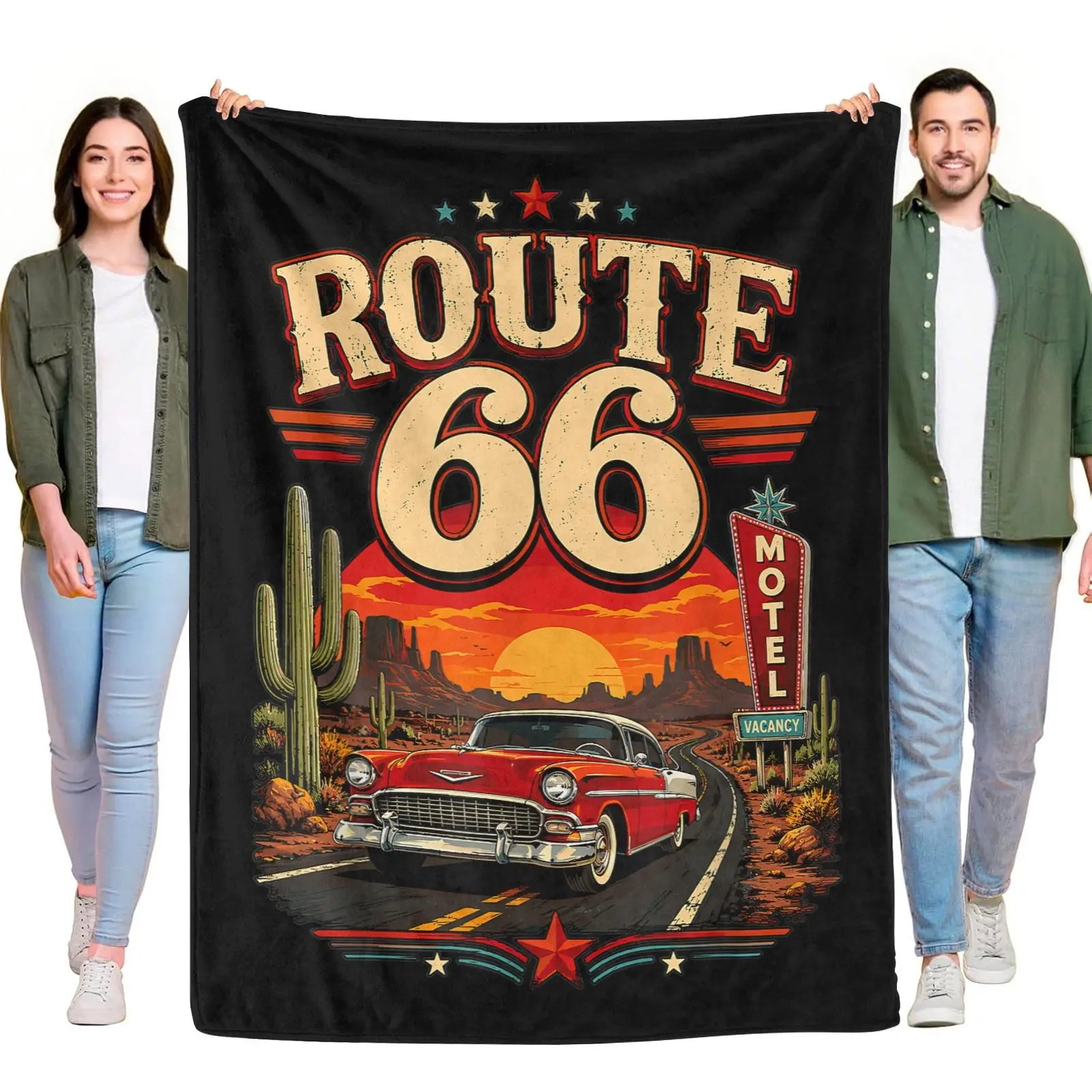 Flannel Throw Blanket Vintage Route 66 Classic Red Car Desert Cactus Sunset Retro Graphic Black Background Cozy Throw Blanket Road Trip Home Decor