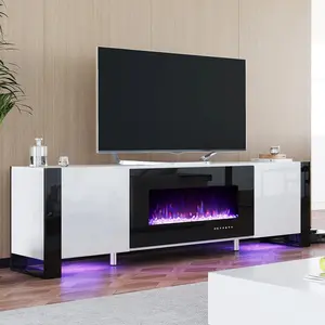 【Ships in 2 Boxes】AMERLIFE Fireplace TV Stand with Fireplace, Modern High Gloss Entertainment Center LED Lights, U-Shaped Legs TV Console Cabinet,Best Gift Ideas/Christmas Gifts