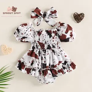 Baby Girls Romper Set, Short Sleeve Off-shoulder Spots Printed Dress with Headband for Toddlers