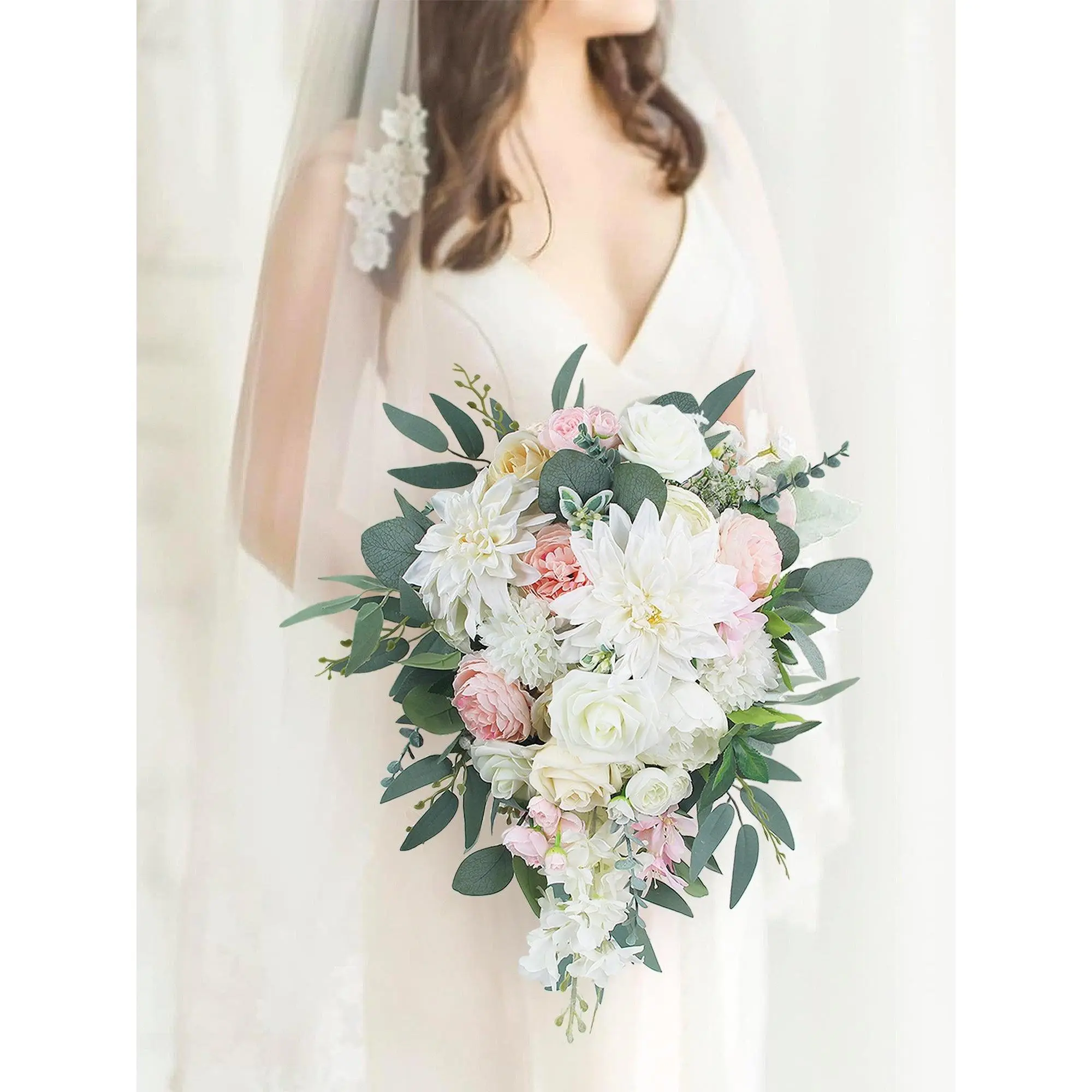 Rinlong 11x19.6 in (11 inch W x 19.6 inch L) Blush White Silk Peony & Eucalyptus Cascading Bridal Bouquet, Sage Flowers, Opulent Look Wedding Decor Supplies