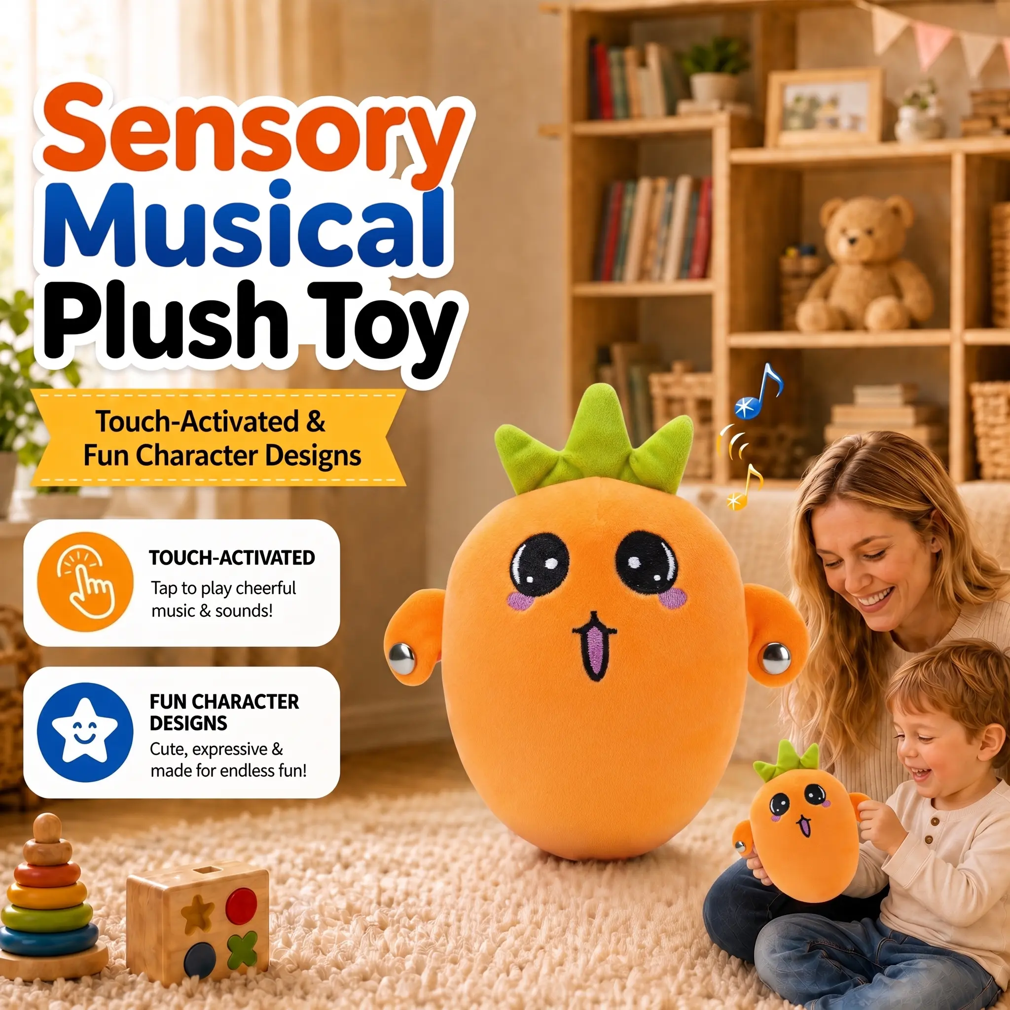 Vvinca Musical Plush Sensory Toy - Montessori Educational Language Item with Dual Sensor Rhythm, Character Styles, Dual-Play Modes, Durable Colorful Design, Outdoor Use, Cool Gifts for Kids, Kids Toys for Boys Ages 3+ (Banana/Strawberry/Carrot)