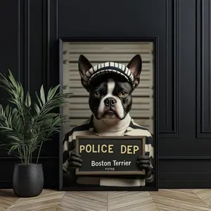 Boston Terrier Poster, Funny Mugshot Animal Portrait, Living Room Decor