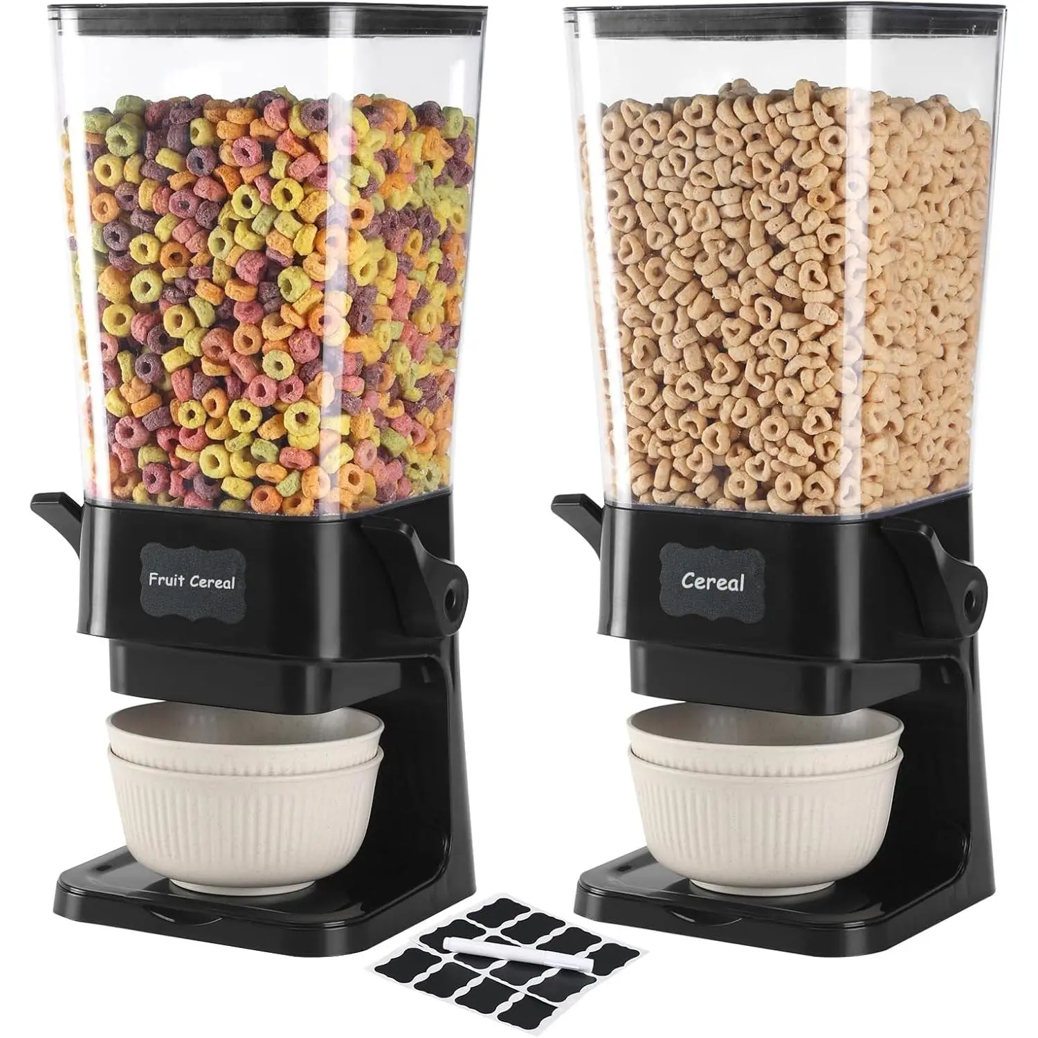 Cereal Dispenser Countertop with Cereal Bowls,16 Labels & Pen, Cereal Containers Storage, Candy Dispenser, Dry Food Dispenser For Pantry - Not Easy to Crush Food (Black, 2 Pack)