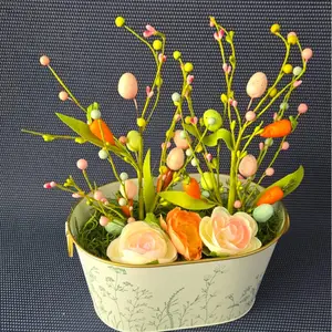 Bunny Food Basket - Plastic Pastel Eggs & Carrots in Oval Container for Spring Decor - Festive Fun Centerpiece for Easter or Home Tabletop - Soft Color Palette for Whimsical Charm