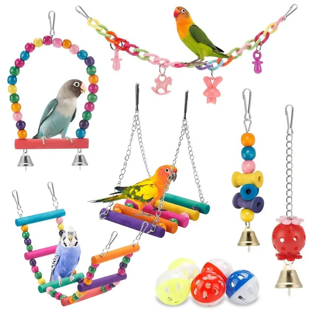 11 pcs Swing Hanging Standing Chewing Toy Bird Toys for Parakeets Swing Wooden Perch Chewing Toy for Parrot Parakeet Cockatiel Lovebirds