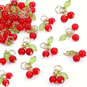 47 red cherry-colored glass beads, equipped with golden capsule-shaped bead caps and green leaf-shaped pendant decorations - highly lustrous DIY jewelry-making materials, spherical fruit pendant decorations, suitable for making earrings, necklaces, bracel