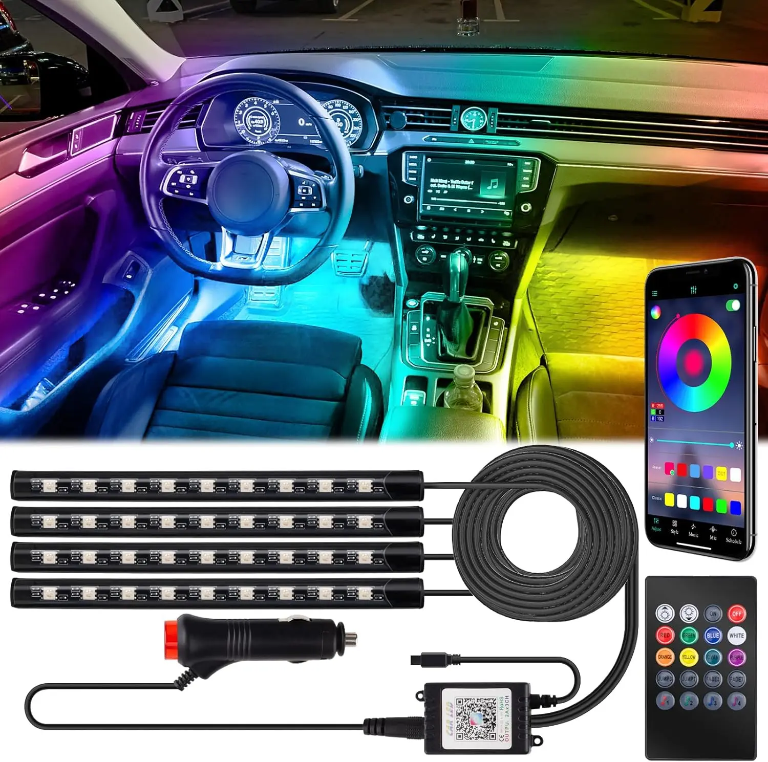 12V LED Car Interior Ambient Lighting Strip Lights, Cigarette Lighter Adapter, App & Remote Control, Music-Sync Color Change for Car & Truck Decor, Ambient Lighting Car