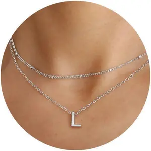 Women's Exquisite 26-Letter Initial Necklace, Stainless Steel Rice Beads Double-Layered Chain & Link Clawbone Necklace