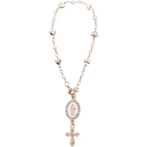 Steering Wheel Rosary Charm, Steering Wheel Accessory with Virgin Mary Charm & Cross, Pearl Heart Chain Catholic Car Interior Hanging Decor (White)