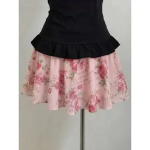 Women's Sweet Floral Print Two Piece Set Fairy Bow Slim Ruffle Crop Top + High Waist Mini Skirt Y2K Harajuku Fashion Skirt Set