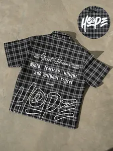 One Black White Checkered Short-Sleeve Shirt with HOPE Print, Streetwear Fashion Vintage Style, Unisex for Young Adults in Casual and Summer Outings