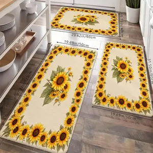 Sunflower Kitchen Rugs, Non-Slip Absorbent Washable Soft Floor Mats, Vintage Yellow Sunflower Border Print, Perfect for Kitchen, Laundry Room, Bathroom, Entryway & Rustic Home Decor