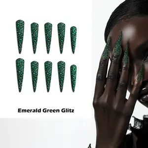 Emerald Green Glitz Arcanus Nails MM1006 Long Press-On Nails, 10 counts Handmade Acrylic Fake Nails for Women, DIY Nail Art, Full Cover Manicure Kit