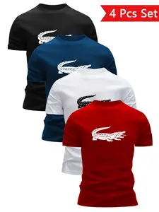 4-Pack Crocodile Print Round Neck Short Sleeve T-Shirts, Casual Streetwear for Men, Quick-Dry Breathable Fabric, Unisex Fashion