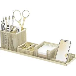 Pen Holder for Desk, 6 count Mesh Desk Organizer set, Desk Accessories for Office Organization with Mail Organizer, Letter Phone Holder, Sticky Notes  Storage, Golden Yellow
