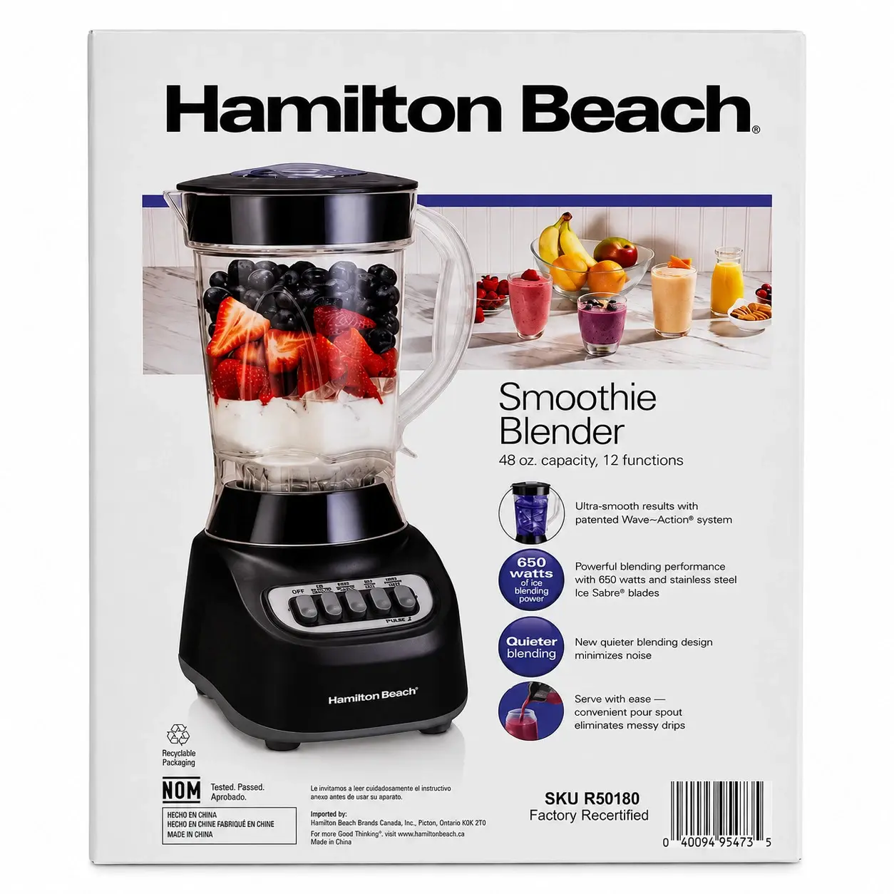 Hamilton Beach Blender, 650W Peak Power, Stainless Steel Ice Sabre Blades for Powerful Blending Performance