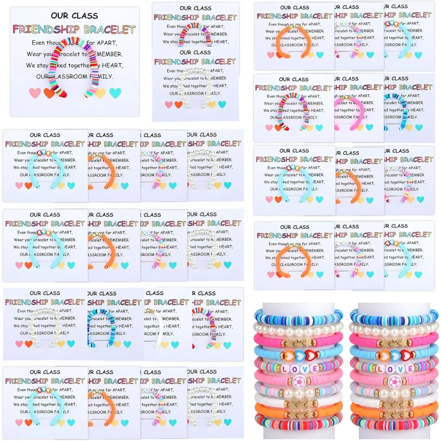 Equsion 48-Pack Preppy Beaded Friendship Bracelets with Cards, Adjustable Multiple Styles Teen Girl Accessories for End of Year Activities, School Exchange Souvenirs (Teacher to Student Graduation Gifts), Class Unity