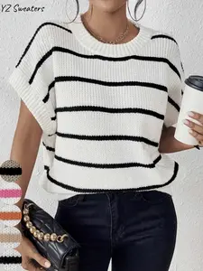 Women's Striped Print Batwing Sleeve Loose Knit Top, Chic Casual Style Short Sleeve Round Neck Knitwear for Fall & Winter, Fashion Ladies' Knit Clothing for Daily Wear, Womenswear, Knitted Clothes