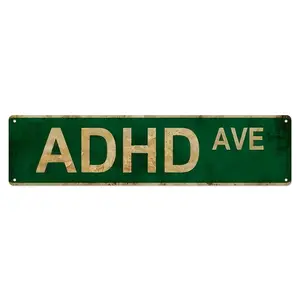 Vintage Green Metal "ADHD AVE" Street Style Sign, 4"×16" (10×40cm) Tin Wall Decor, Room Decor for Bedroom, Office, Gift for Neurodivergent Friends