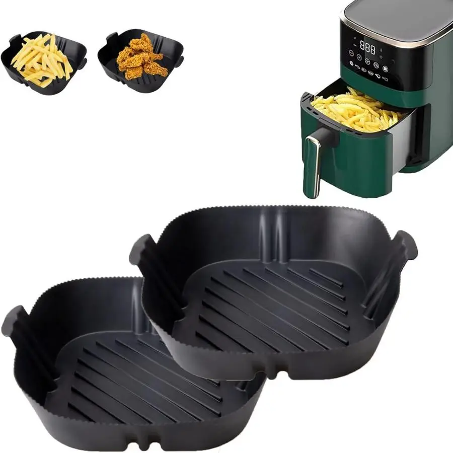 Square Silicone Air Fryer Liner with Handle, 2 Counts Reusable Heat Resistant Air Fryer Pot, Air Fryer Accessories for Home Kitchen