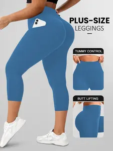 Plus Size High-Waisted Seven-Quarter Yoga Pants, Pocketed High-Elastic Fitness Tights, Ideal for Running, Gym, Casual Wear