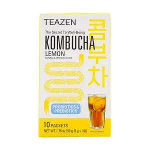 Teazen Kombucha Lemon Flavor 10 Sachets 0.17oz Each - Korean Sugar-Free Probiotic Tea, Gut Health, Low Cal
