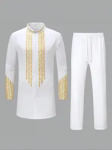Men's Ethnic Embroidery Two-Piece Set, Long Sleeve Top with Matching Pants, Summer Cultural Outfit