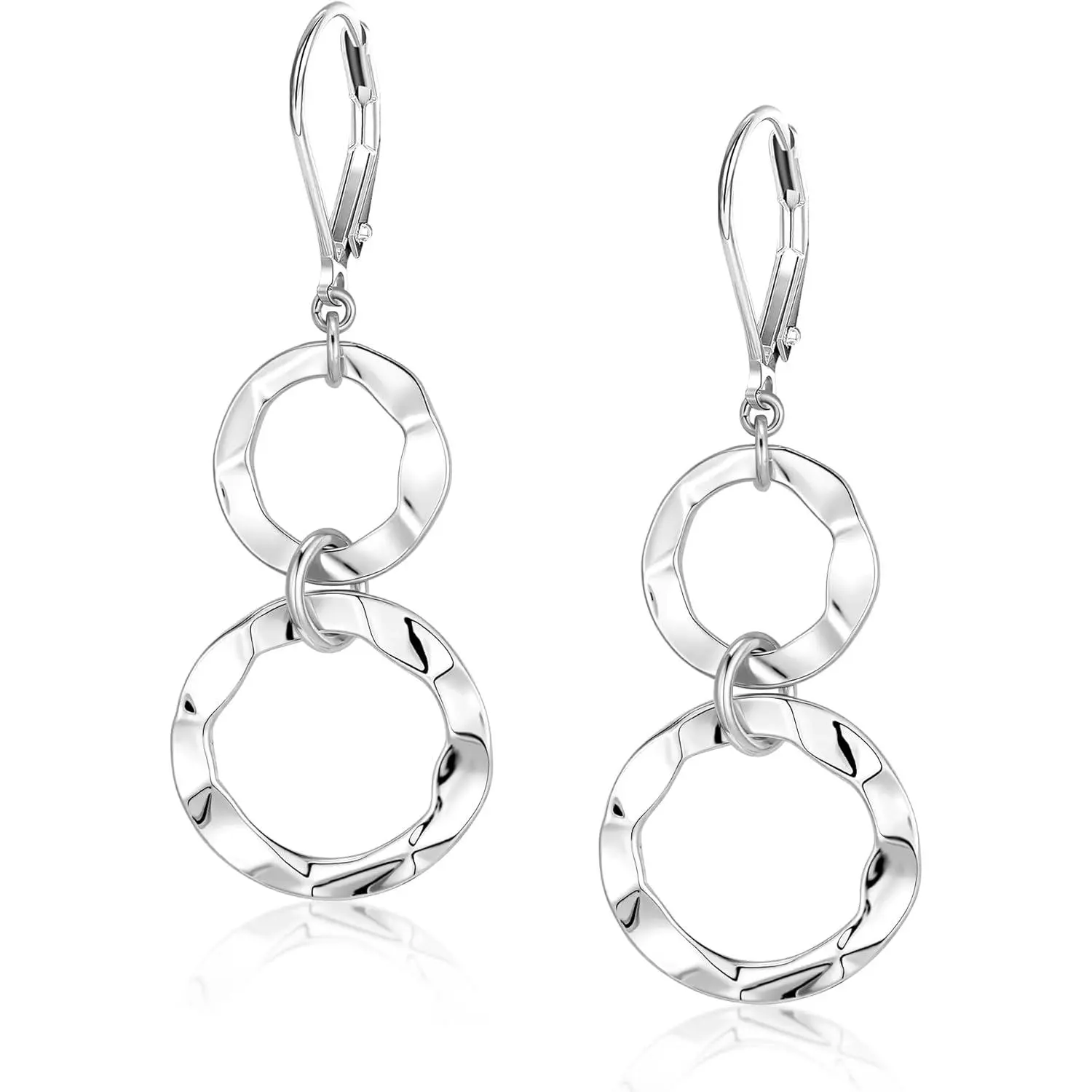 925 Sterling Silver Hypoallergenic Leverback Double Circle 14K Gold Dangle Earrings for Women, Drop Handmade Hammered Round Earring Dangling Dangly Minimalist Boho Earings