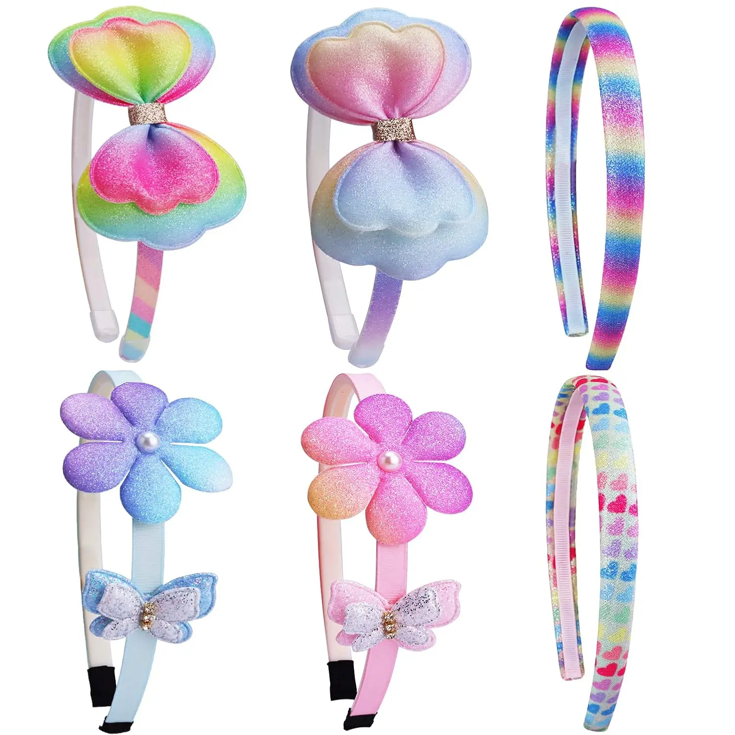 Z-HDW38  Glitter Headbands for Girls Butterfly Sparkly Hair Bands with Teeth Bows Flower Sequin Hairband for Toddler Girl(6pcs)