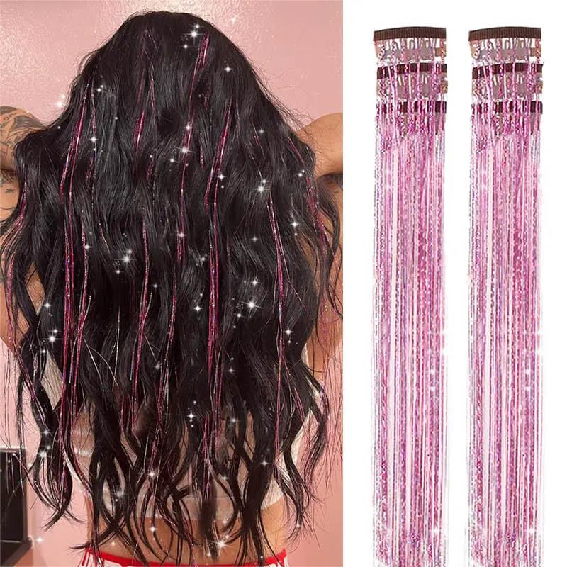 Sohochic AISI HAIR 6-Piece Clip-in Hair Tinsel Kit, 20in Polyester Fiber Heat-Resistant Glitter Strands, Adjustable Tribal Extensions, Clip in Ponytail Accessories, Gifts for Girly Girls