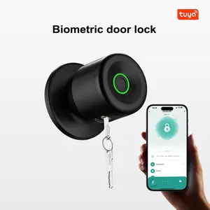 Biometric Fingerprint Door Lock Handle Matte Black Round Ball Doorknob Smart 4-in-1 Keyless Entry Tuya App Control for Homes Apartments Offices  bedroom