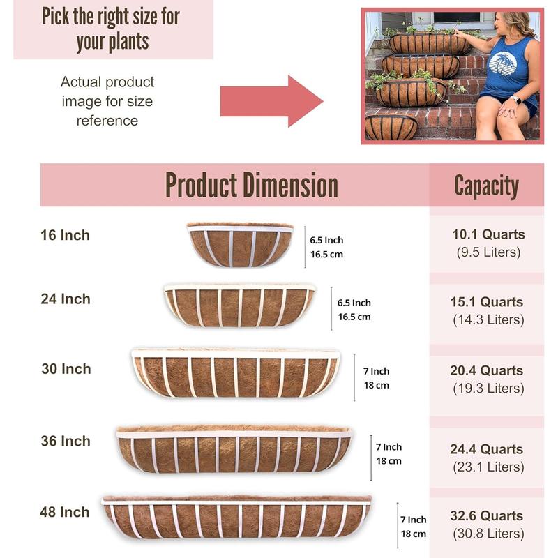 LaLaGreen Window Planter Box (24 Inch, 2 Pack) White Metal Deck Railing Flower Boxes with Coco Liners, Rectangular Wall Planters for Outdoor Plants Horse Troughs Fence Balcony Garden Herb Patio Porch