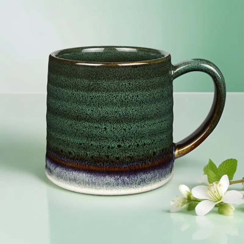18oz (500ml) Ink Green Handmade Ceramic Coffee Mug - Sturdy Reusable, Big Easy-Hold Handle, Stylish Reactive Glaze, Microwave-Dishwasher Safe, Gift Ideas for Special Festival Home Drink Use, Pottery Tea Cup