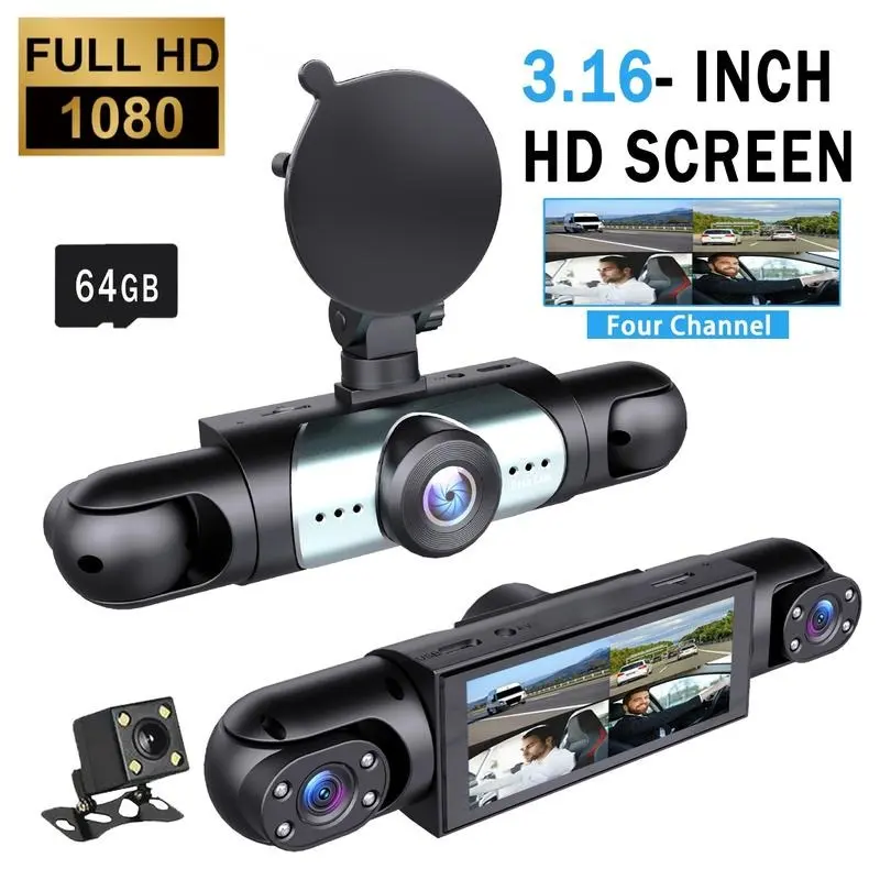 Four-Lane Dash Cam, 1080P HD Driving Recorder Car Dvr with Night Vision, 64GB Storage Card Included, 24-Hour Parking Mode, Rotatable Dashboard Camera, Automotive Video Recorder, Automotive Dashcam