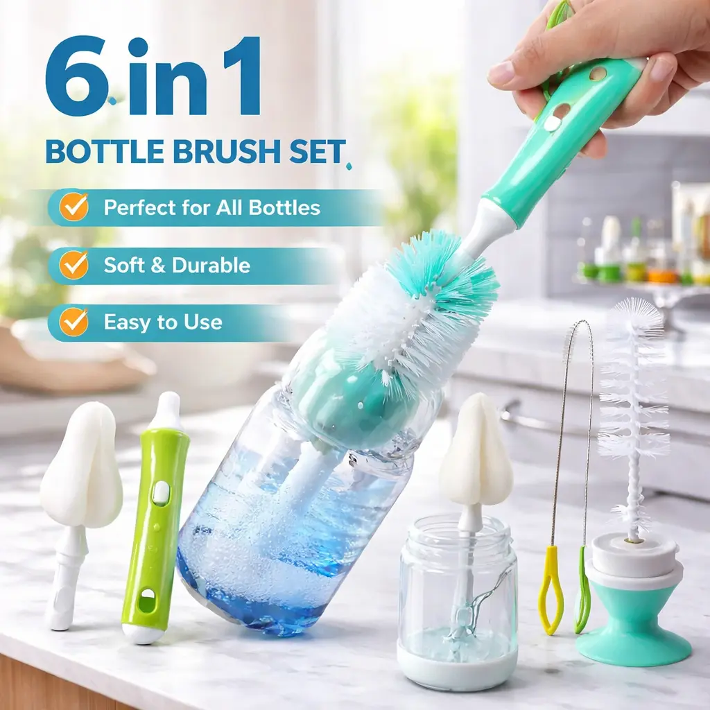 1Set Bottle Brush Set with Suction Cup Stand – Hidden Nylon Nipple Cleaner, 2 Sponge Nipple Brushes & 2 Straw Brushes – BPA-Free Baby Bottle Cleaning Kit for Wide & Narrow Bottles, Breast Pump Parts & Straws