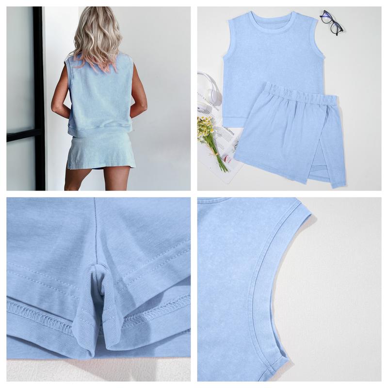 Light Pink 2 Pieces Mineral Wash Cotton Tank Top Lined Split Skirt Set