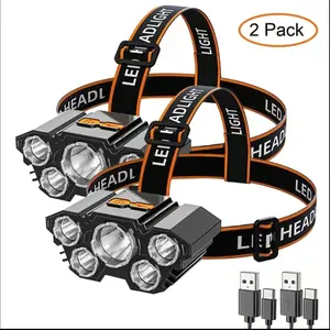 LED Headlamp Flashlight 2-Piece Set with 5 SuperBrightLED Beads USB Rechargeable 4 Modes Adjustable forCamping Work Repair Car Maintenance Outdoor DurablePortable