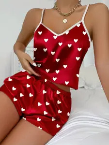Women's Summer Thin Silk Heart Pattern Print Sleepwear Set, Pjs, Comfortable Casual Spaghetti Strap Sleeveless Top & Shorts, Fitted All Season Loungewear, Womenswear