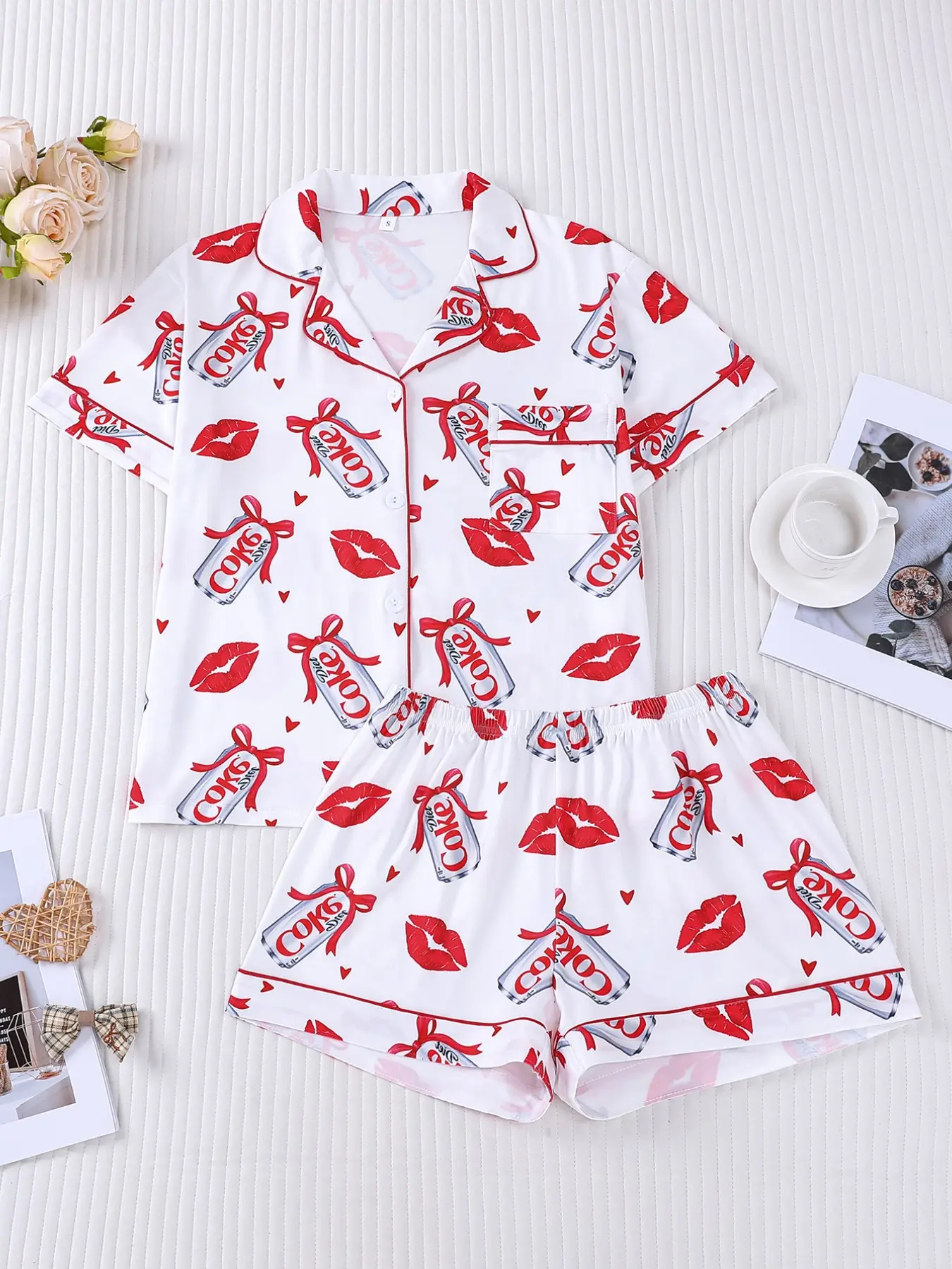 1 Set "Soda & Kisses" Valentine’s Day Pajama Set Pjs, Romantic Sleepwear, Loungewear, Homewear, Soft Cotton Fabric, Sweet and Playful Design, Perfect for Women to Celebrate Valentine’s Day or Relax at Home