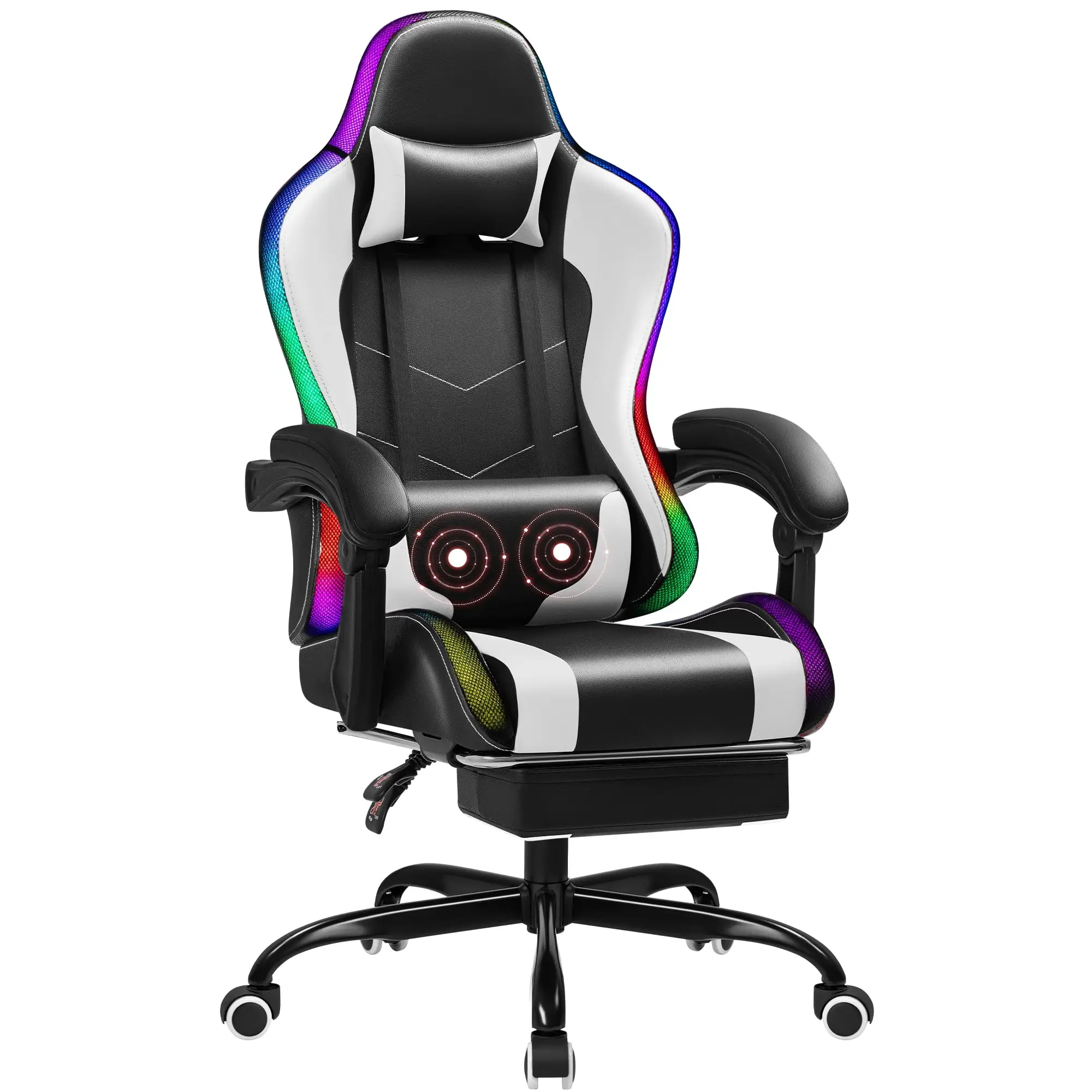 FURMAX Gaming Chair with LED RGB Lights, Footrest and Massage Lumbar Support, Ergonomic Computer Seat Height Adjustable with 360°Swivel and Headrest
