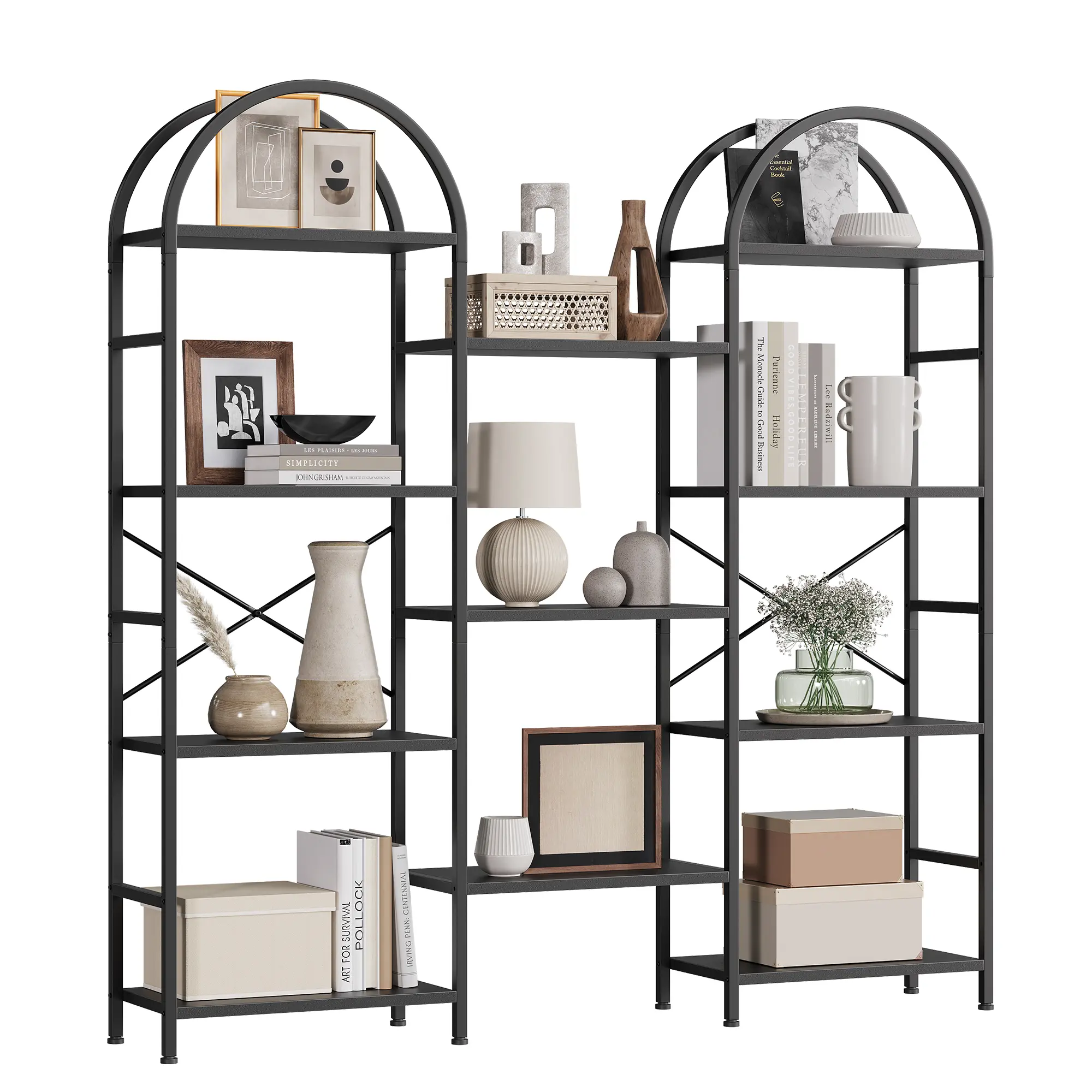 Industrial Arched Triple Column 4-Tier Bookshelf – 63" Tall Metal & Wood Standing Bookcase with 11 Open Display Shelves – Modern Storage Rack for Living Room, Bedroom, Office – White/Black/Brown