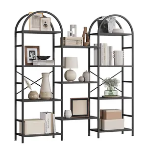 Industrial Arched Triple Column 4-Tier Bookshelf – 63" Tall Metal & Wood Standing Bookcase with 11 Open Display Shelves – Modern Storage Rack for Living Room, Bedroom, Office – White/Black/Brown